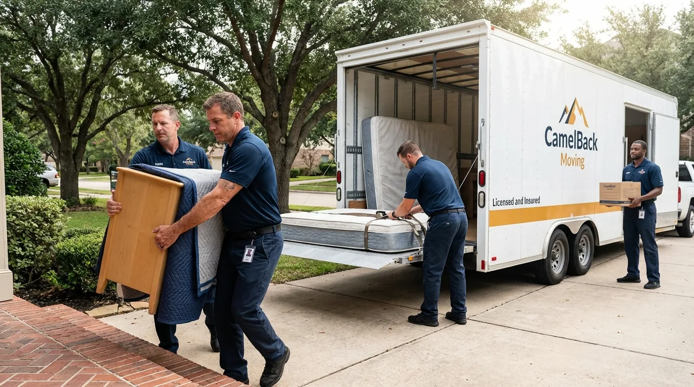 Crew loading residential truck for cross-state move from Trinity, TX