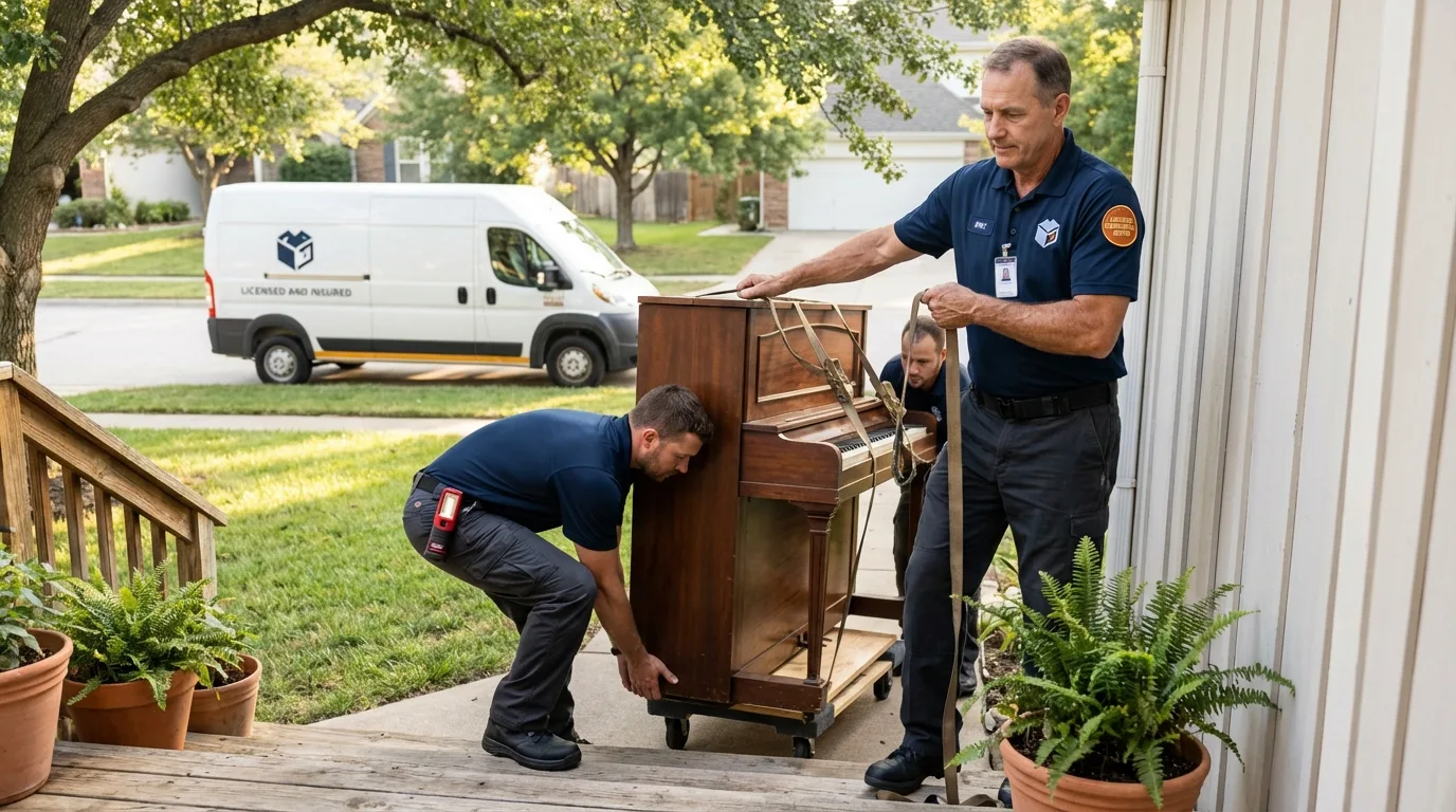 Licensed piano movers securing grand piano in Trinity, TX