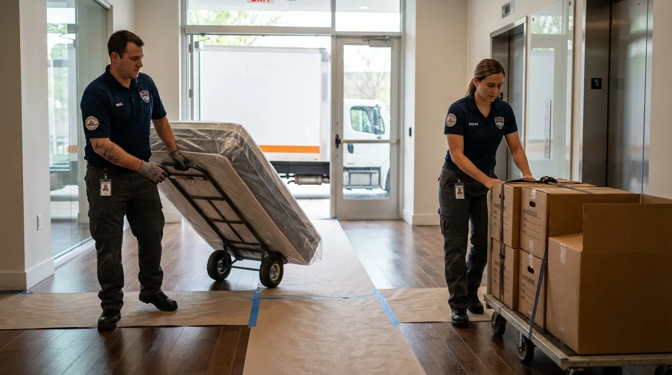 Professional apartment movers loading elevator in Trinity, TX