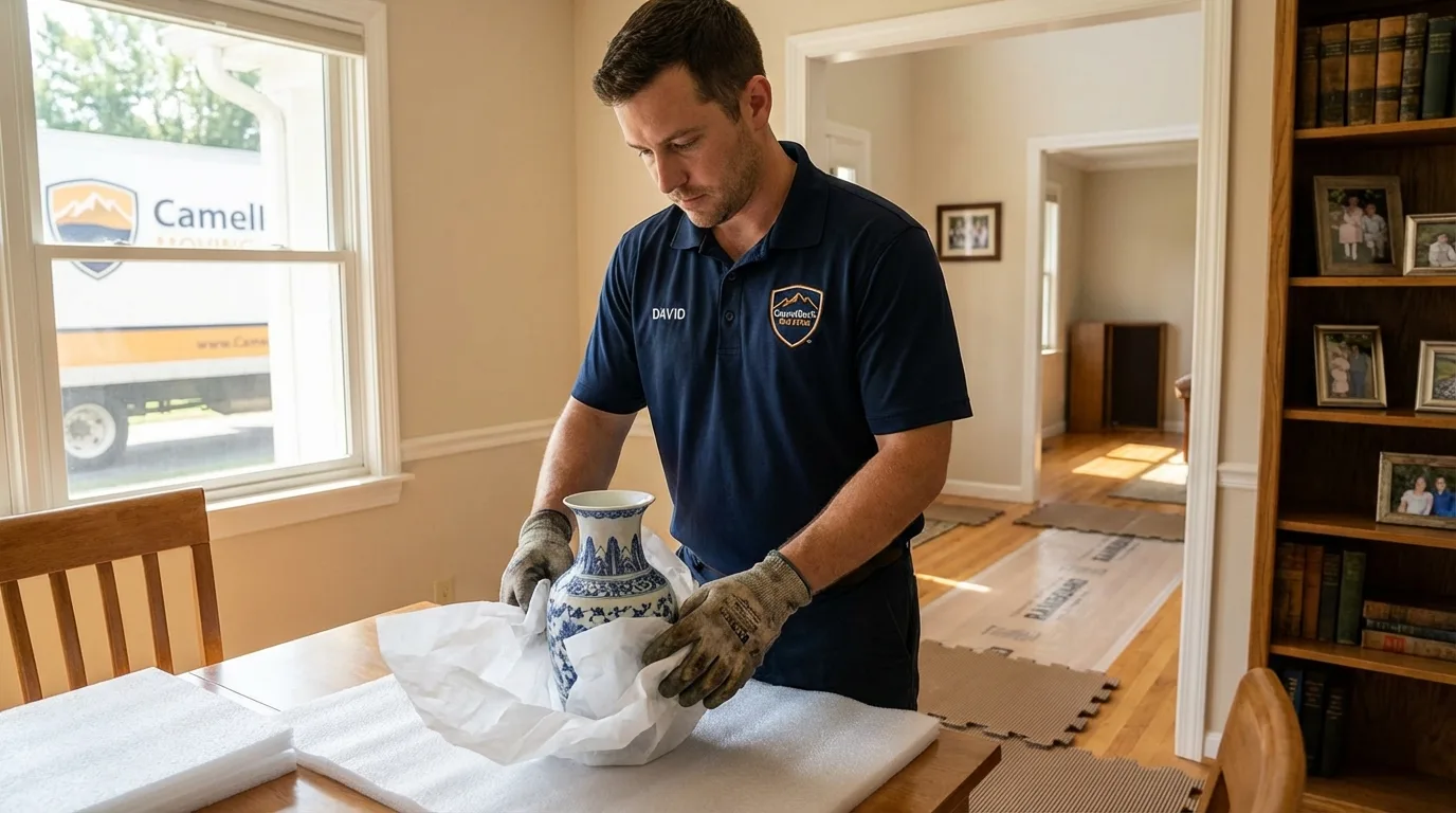 Professional crew carefully wrapping antique vase for senior downsizing move in Trinity, TX